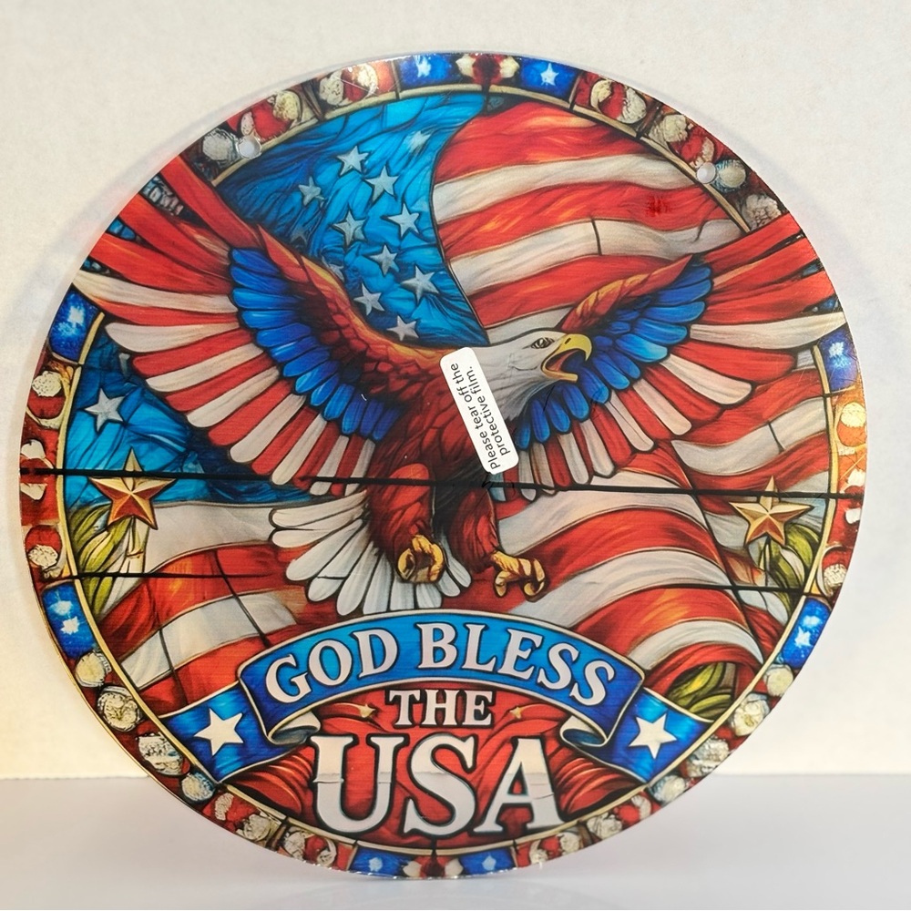 Patriotic 'God Bless The USA' Decorative Round Plaque - Eagle & Flag